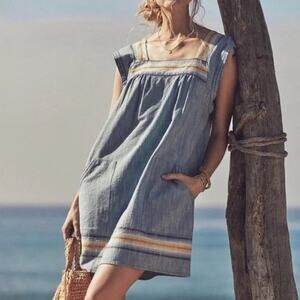 Faherty Hailee Stripe Chambray Denim Shift Dress Size Small Summer Beach Cover